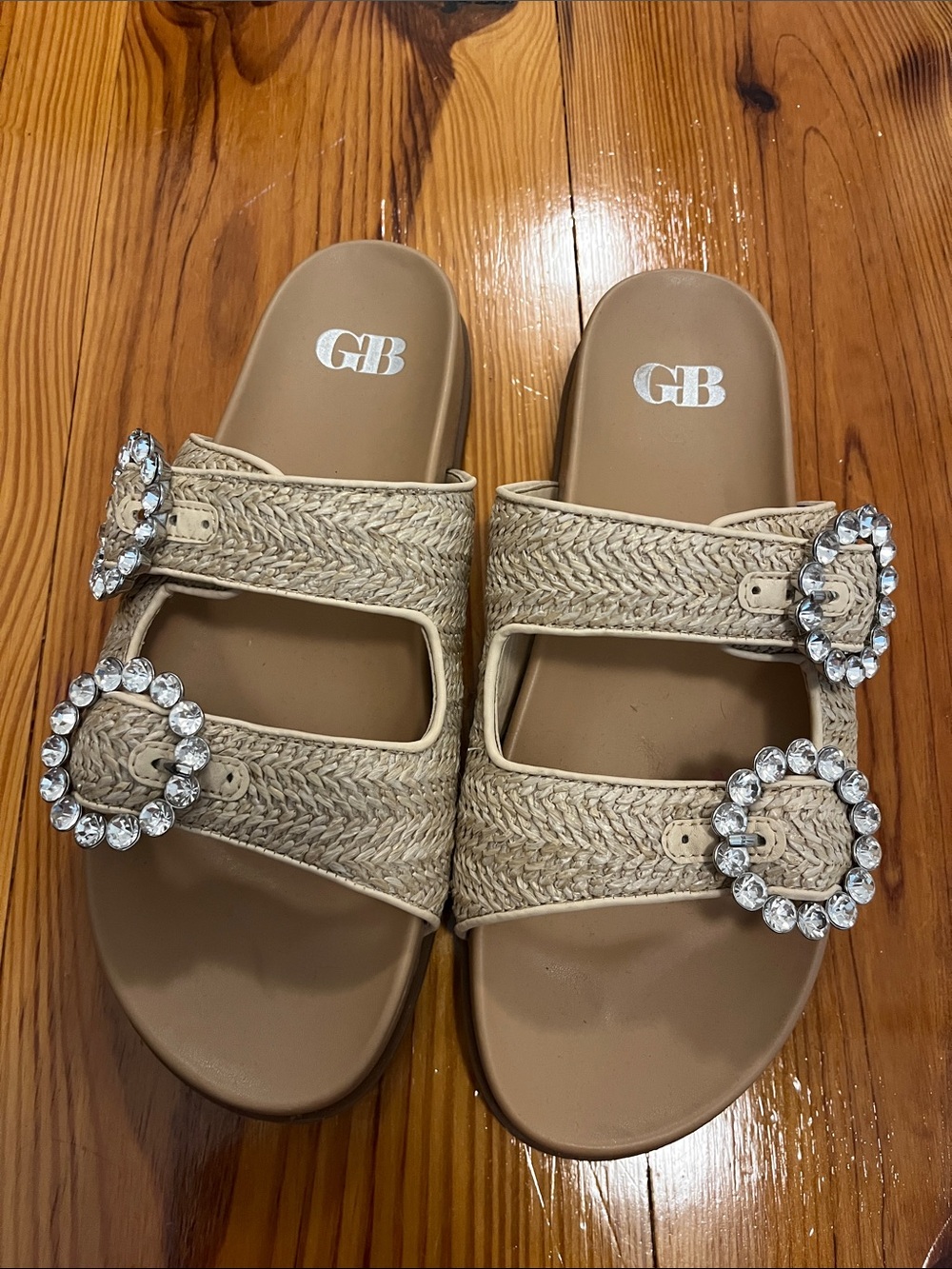 Gianni Bini Beige Braided Slide Sandals with Crystal Buckles